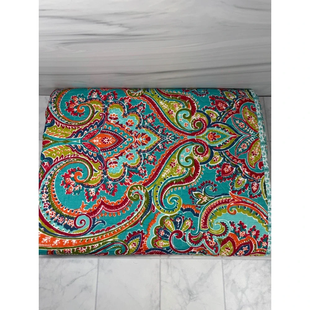 Newlake Twin Reversible Bedspread Coverlet Paisley Teal Orange Quilted EUC